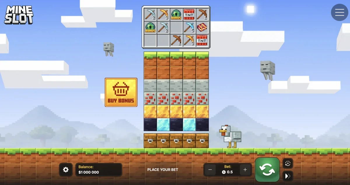Mine Slot main gameplay with block grid and wins
