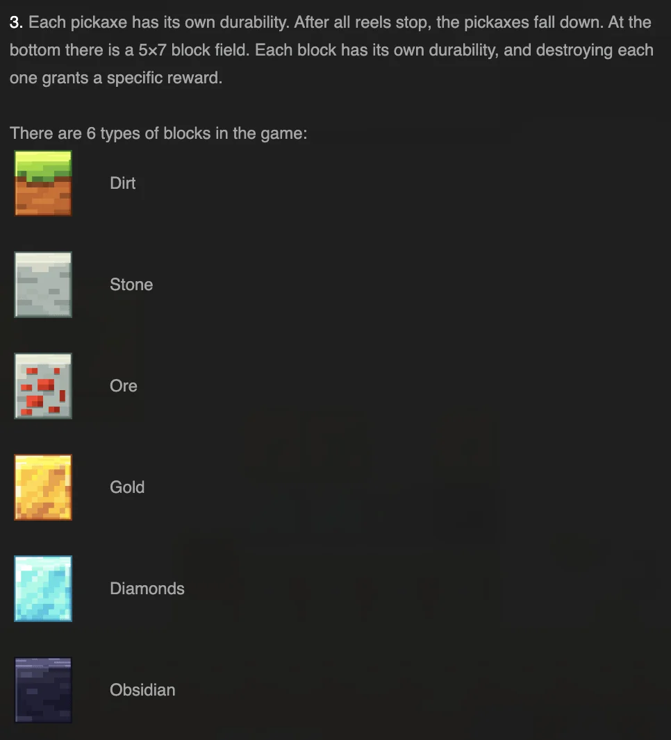 Mine Slot block types showing Dirt, Stone, Ore, Gold, Diamonds, and Obsidian