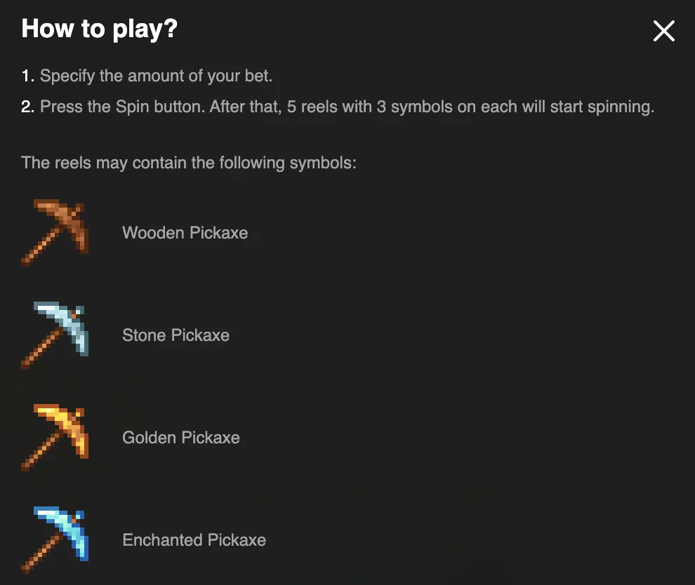 Mine Slot pickaxe symbols showing Wooden, Stone, Golden, and Enchanted types