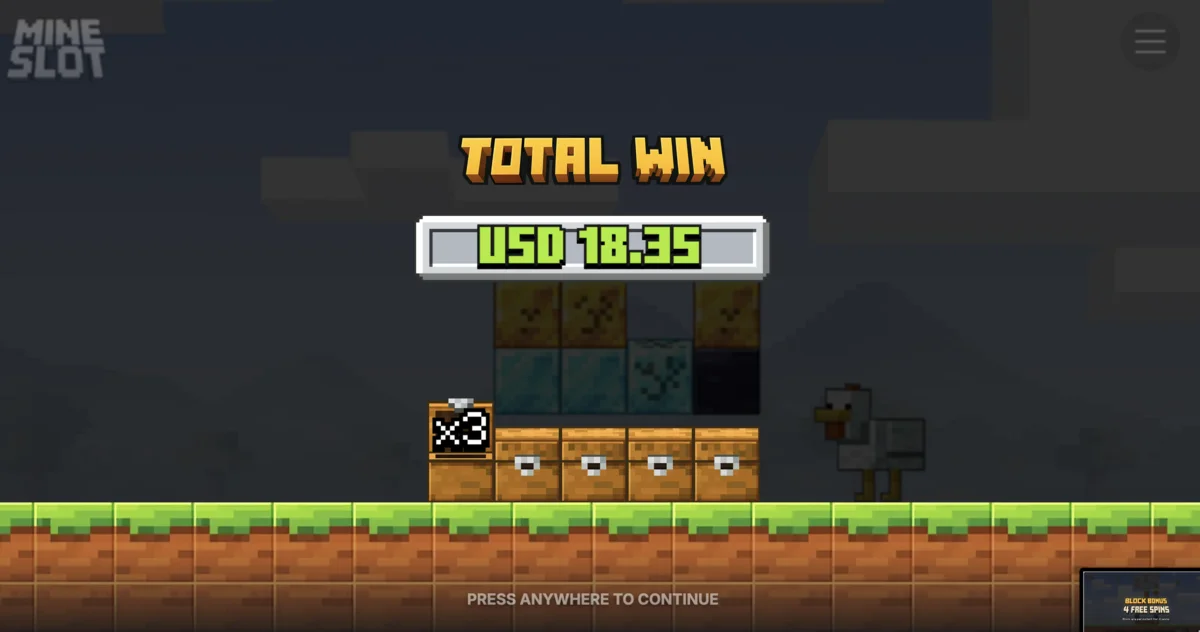 Mine Slot total win screen showing USD 18.35 win